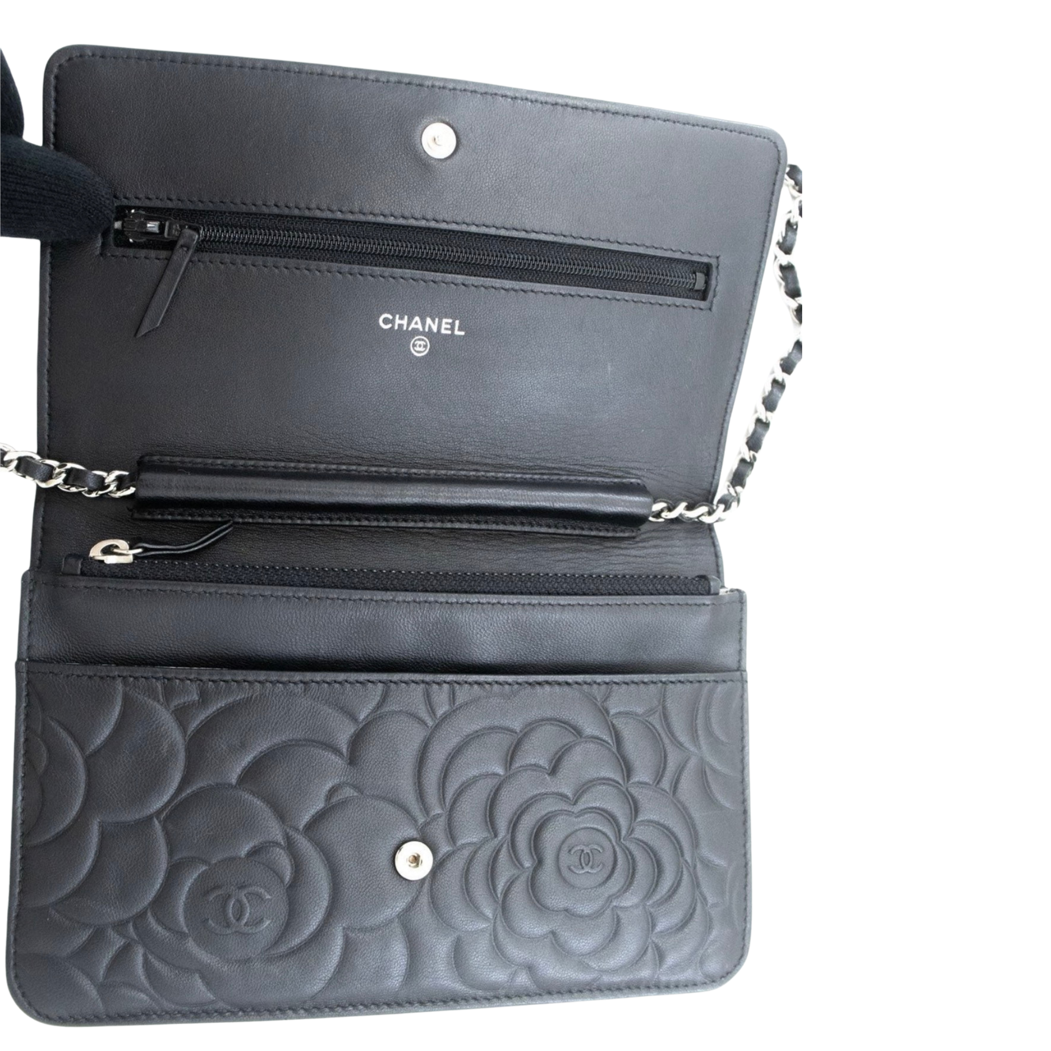 Chanel Camellia Embossed Wallet on Chain